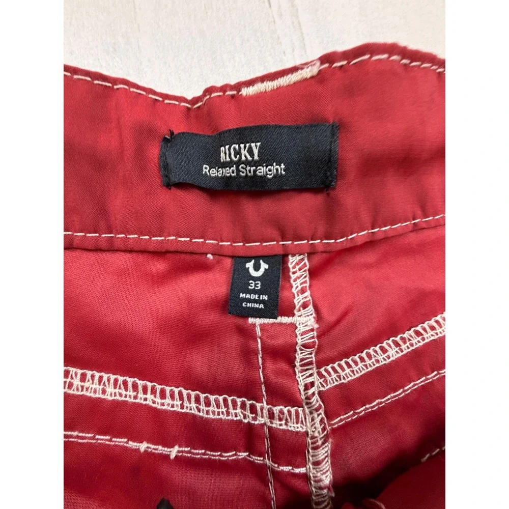 True Religion Ricky Relaxed Straight Red Shorts White Contrast Stitch Mens 33